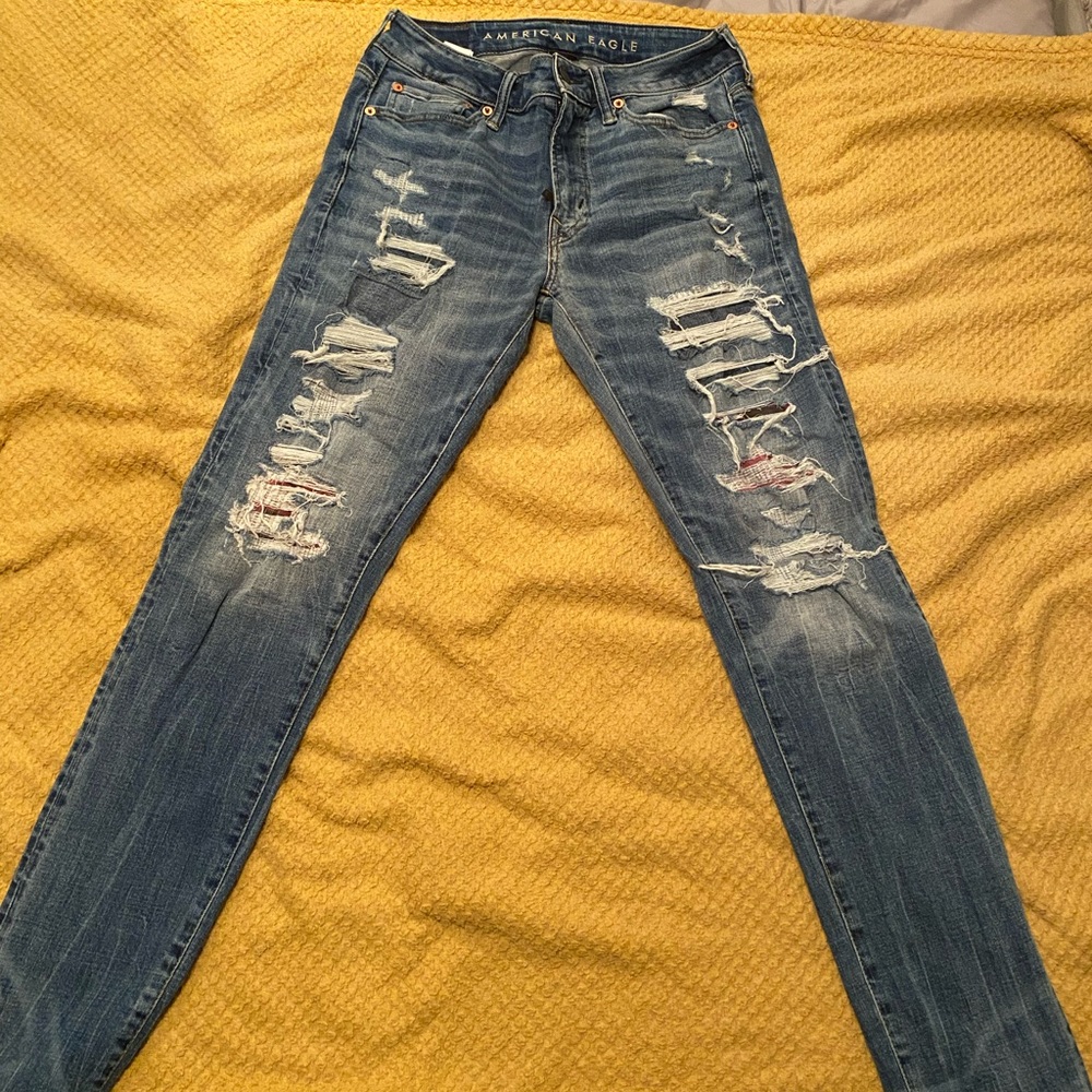 American Eagle Outfitters Blue Skinny Jeans with Distressed Details